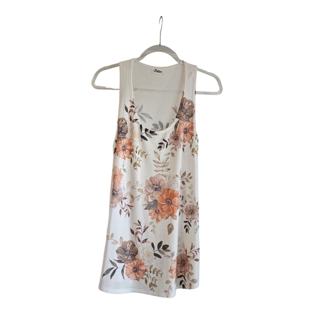 Pulse Womens XL Tank Top White Floral Scoop Neck USA Soft